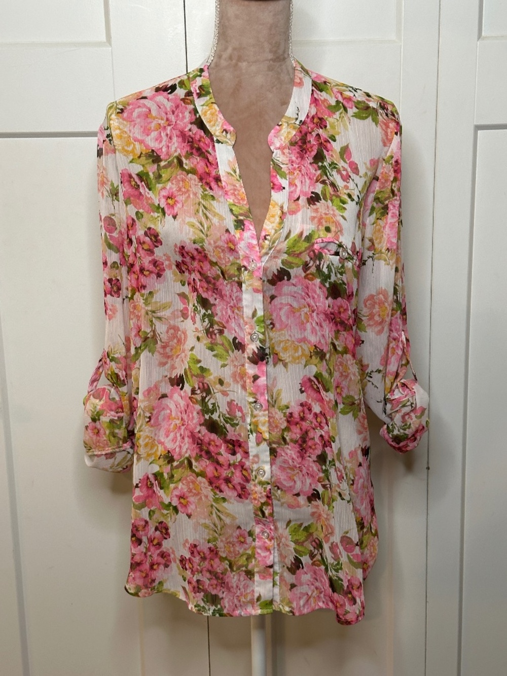 Kut from the Kloth Sheer Button Up Floral Blouse, Pink Yellow Green, Sz XL